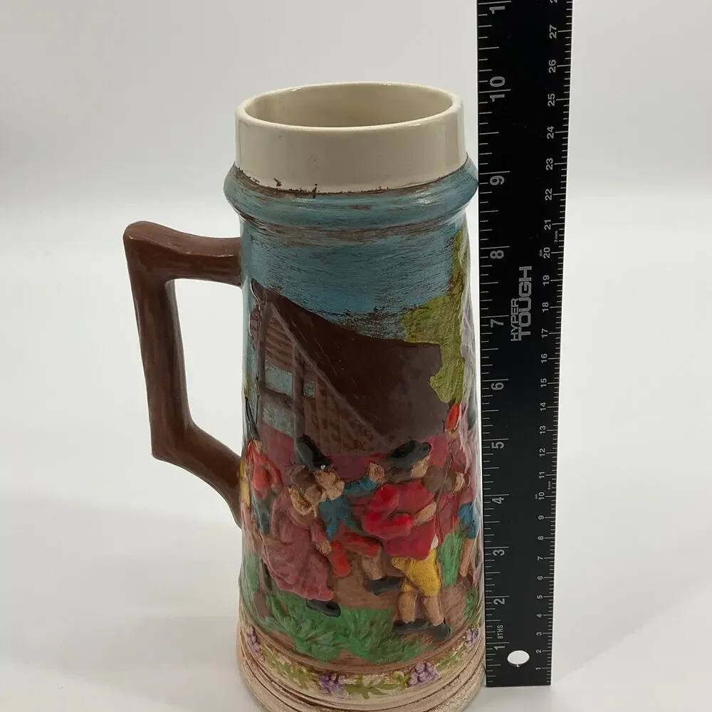 Vintage Beer Stein Les Schirz Kurhaus German Style Raised Relief Folk Ceramic